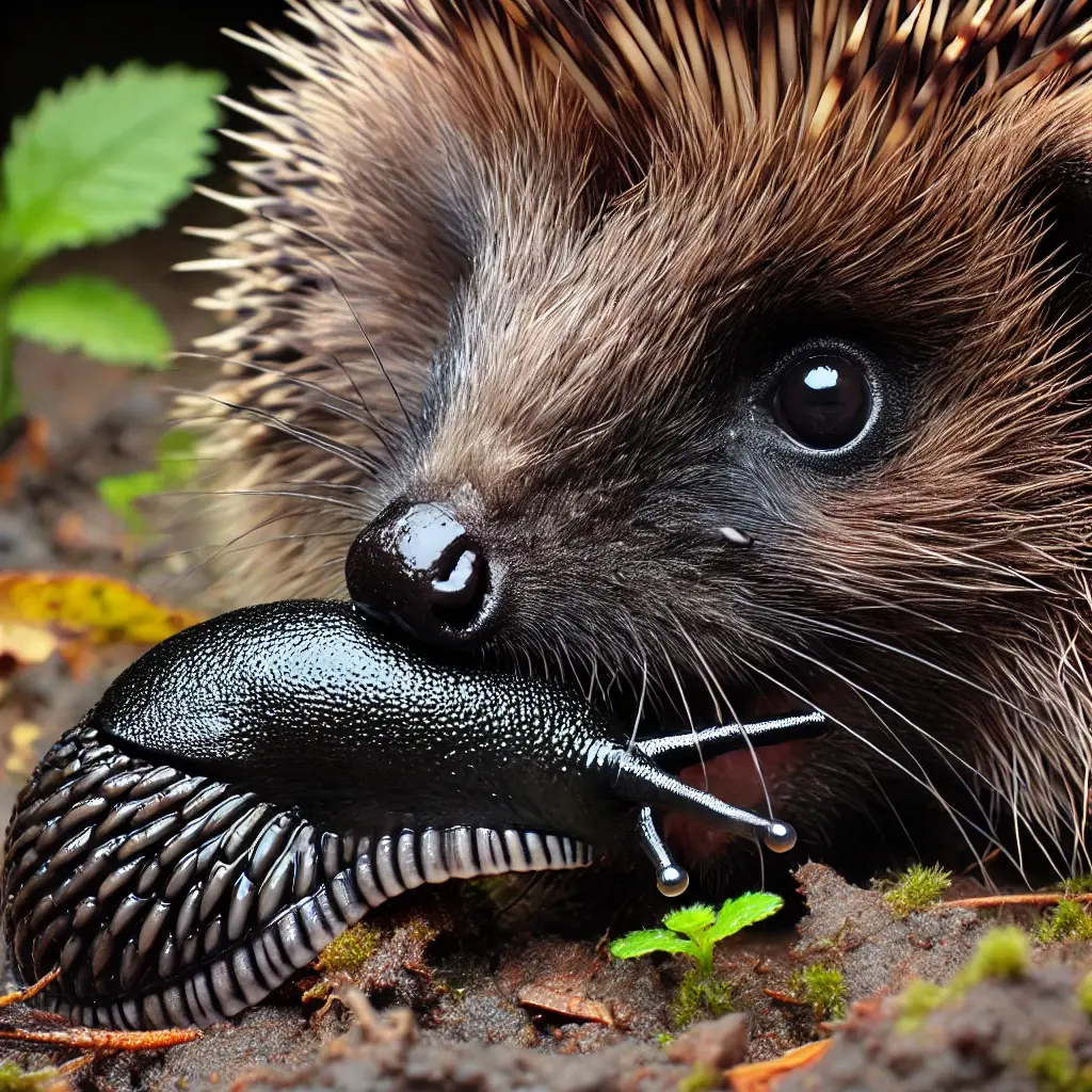 een egel die een zwarte naaktslak eet